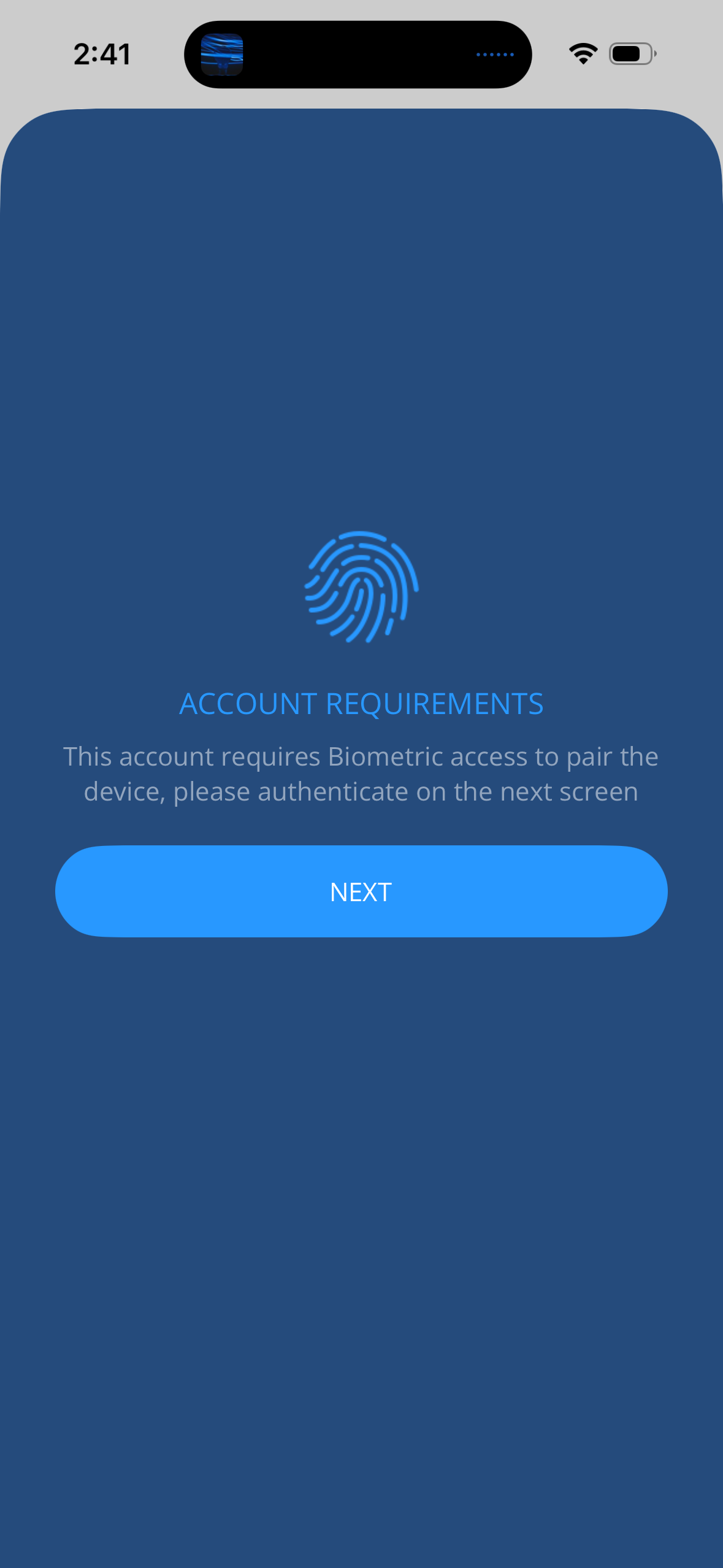 Mobile screen showing account requirements for biometric access