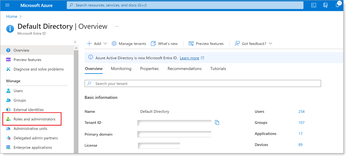 Microsoft Entra ID Roles and administrators navigation