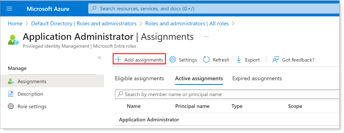 Add assignments button for Application Administrator role
