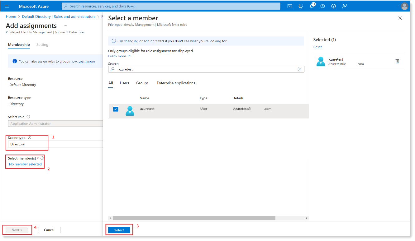 Set scope type to Directory and select user