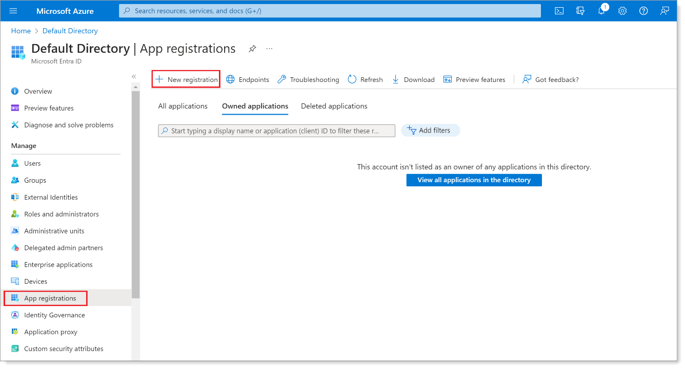 App registrations page with New registration button