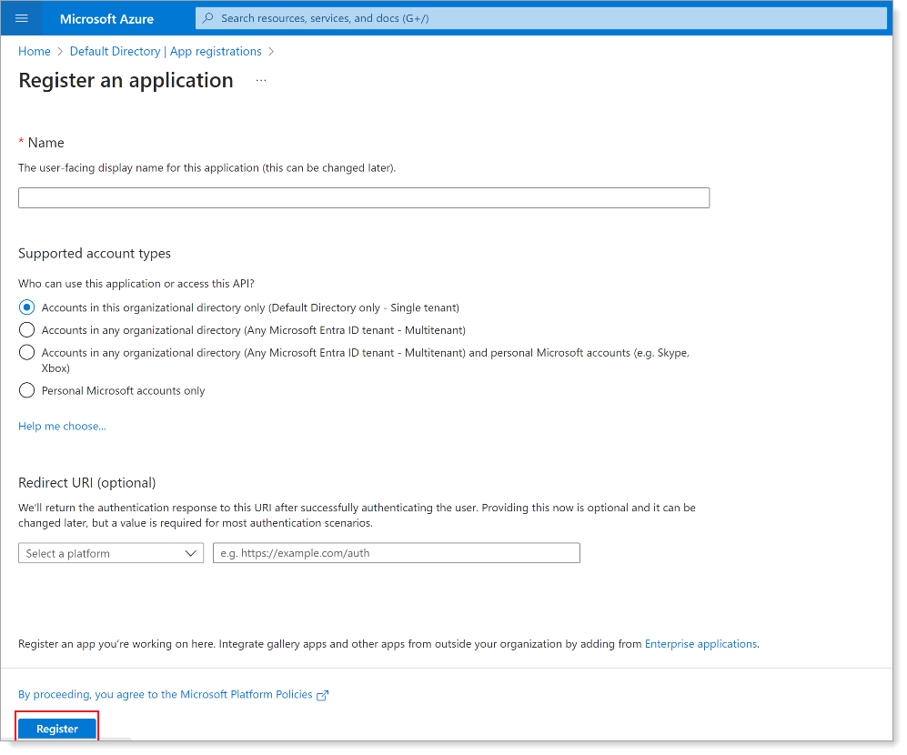 Register an application form with name and account type settings