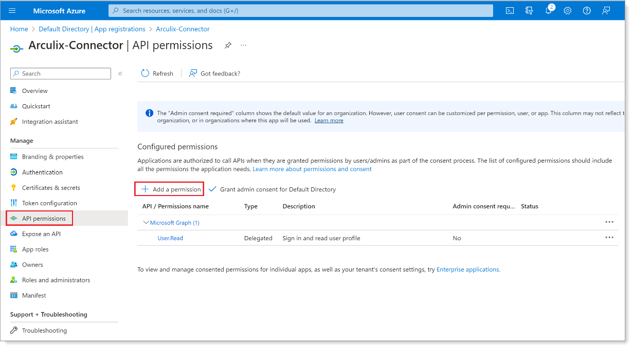 API Permissions page with Add a permission button