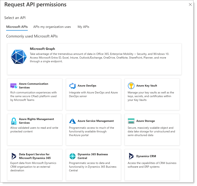 Request API permissions page showing Microsoft Graph option
