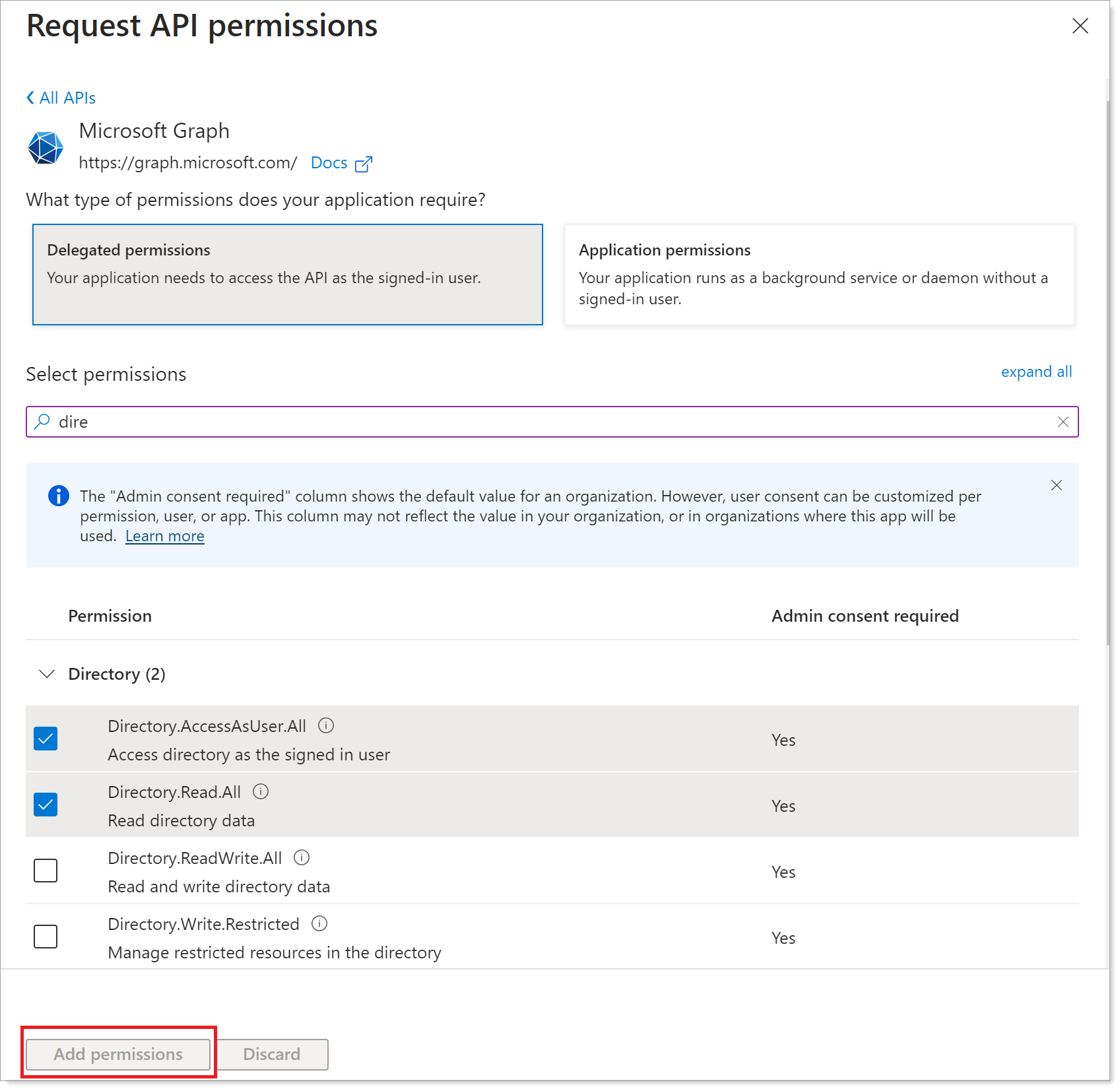 Delegated permissions selection showing required permissions