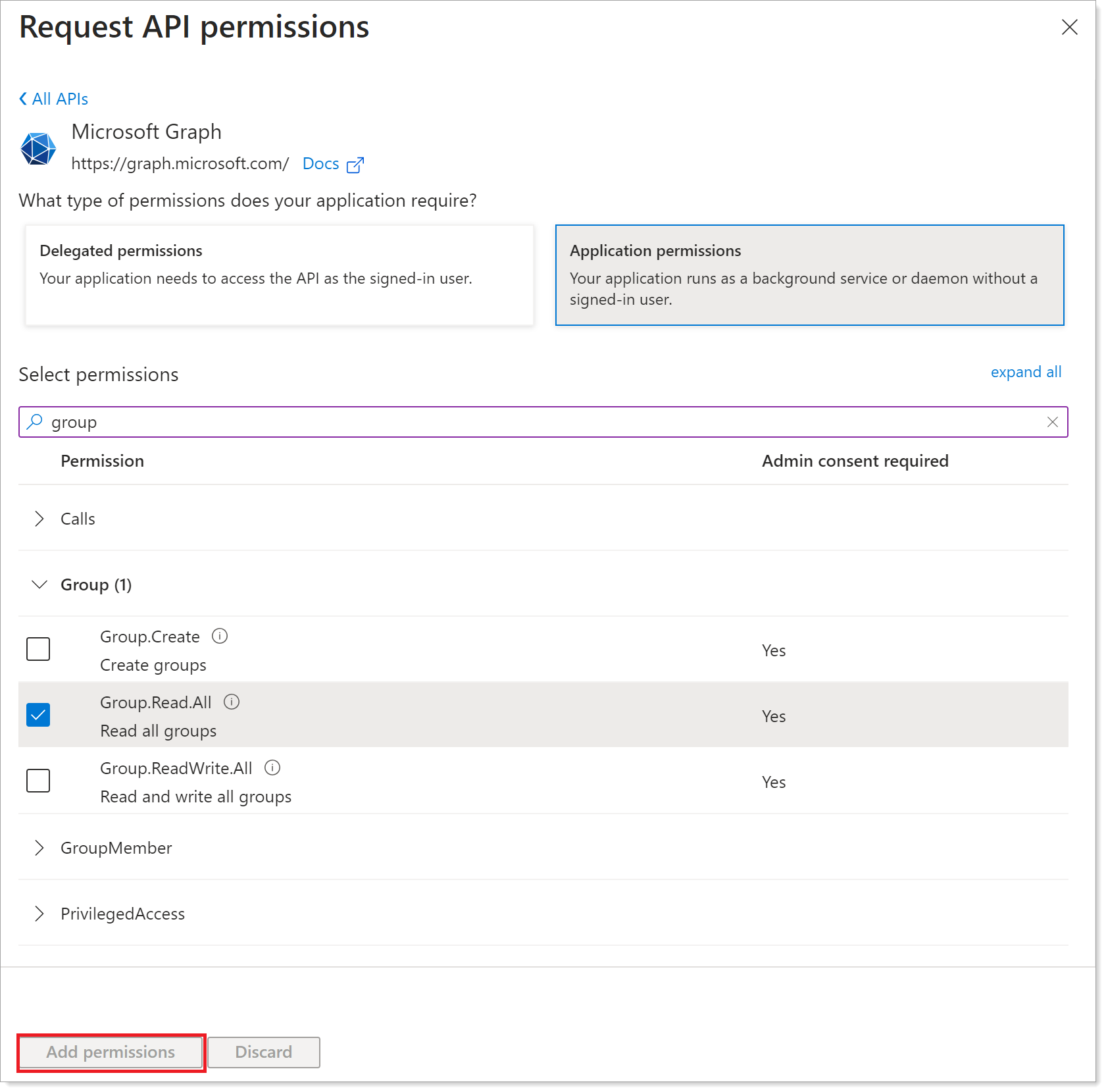 Application permissions selection showing required permissions