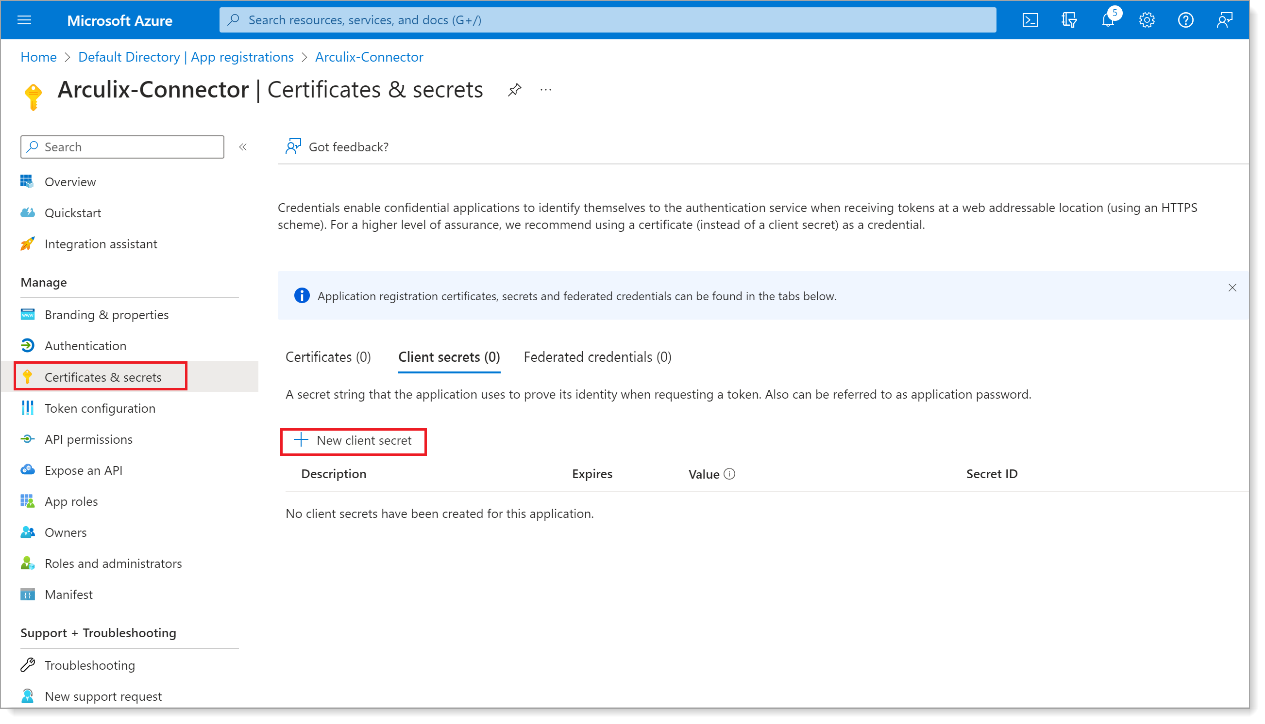 Certificates &amp; secrets page with New client secret button