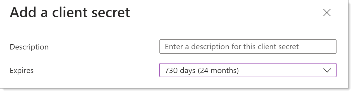 Add a client secret form with description and expiration settings