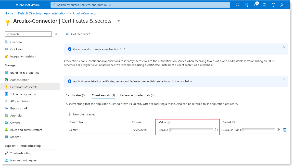 Client secret created with value to copy
