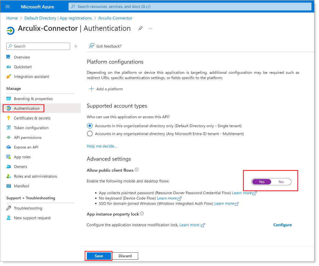 Authentication page Advanced settings with Yes selected