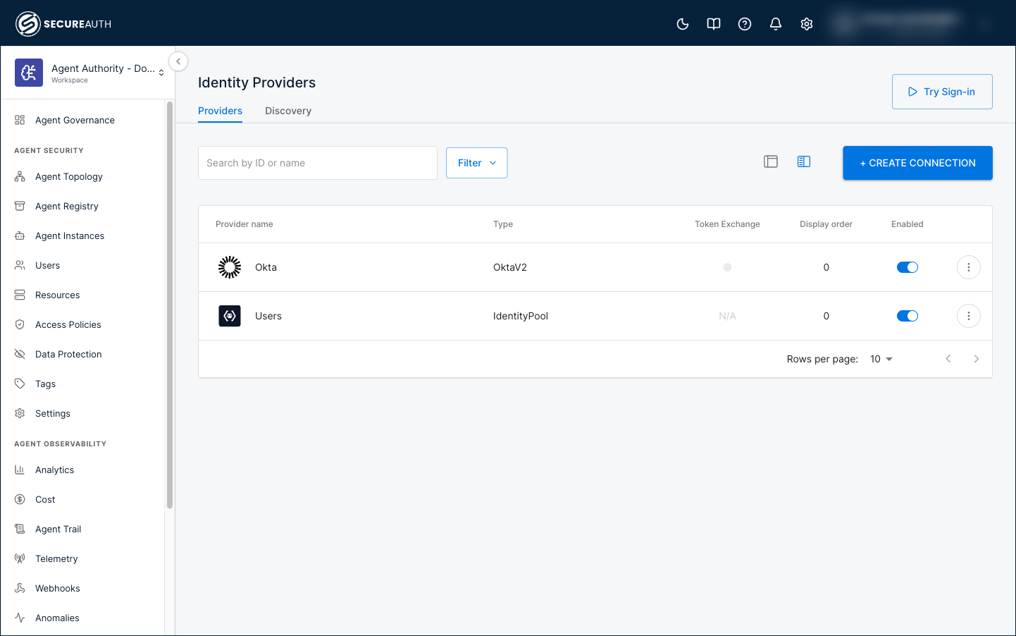 Identity Providers page listing an Okta connection with the type OktaV2
