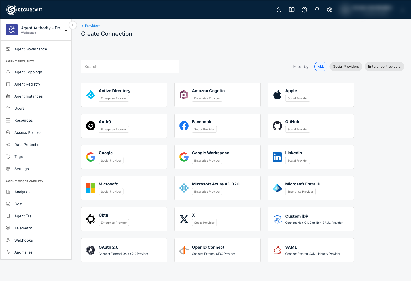 Create Connection page showing the identity provider templates, including Okta