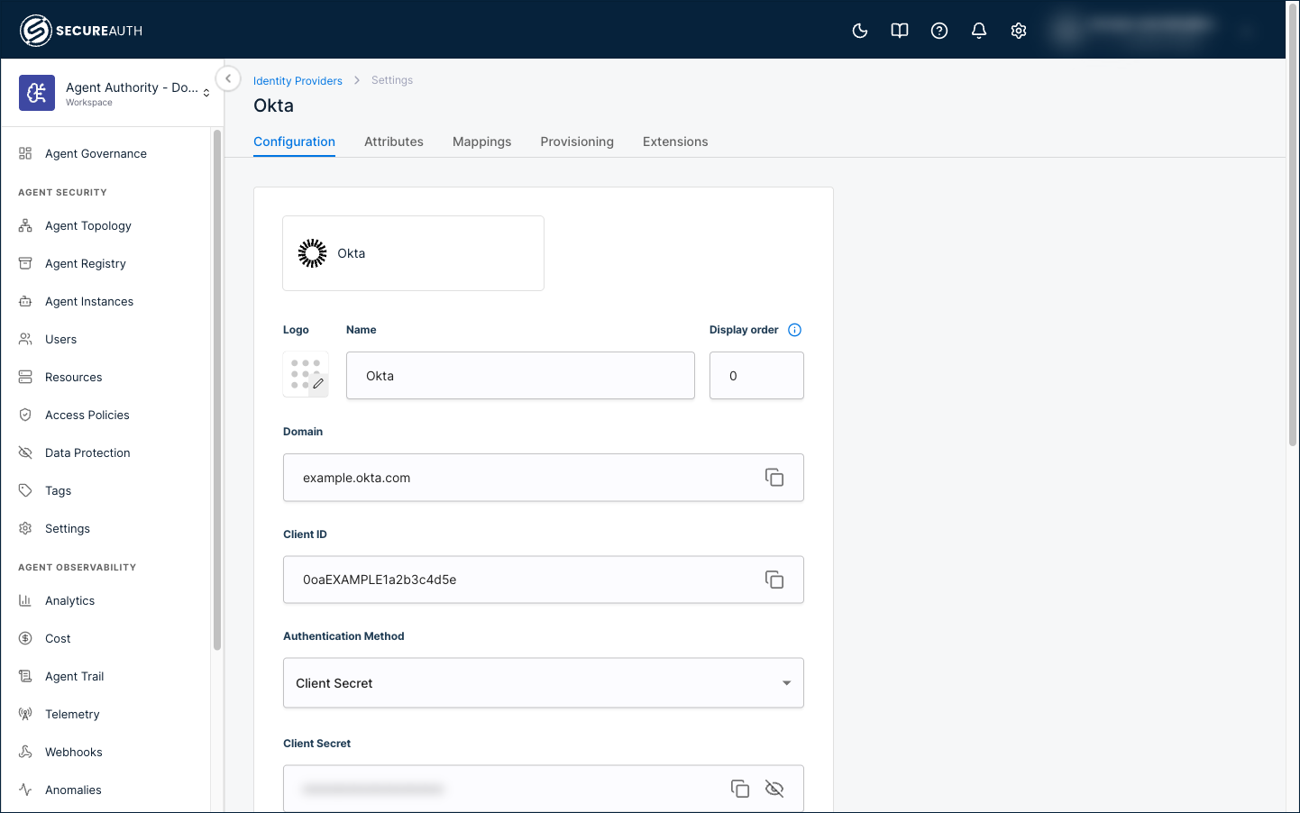 Okta connection Configuration tab showing the Domain, Client ID, Authentication Method, and Redirect URL fields