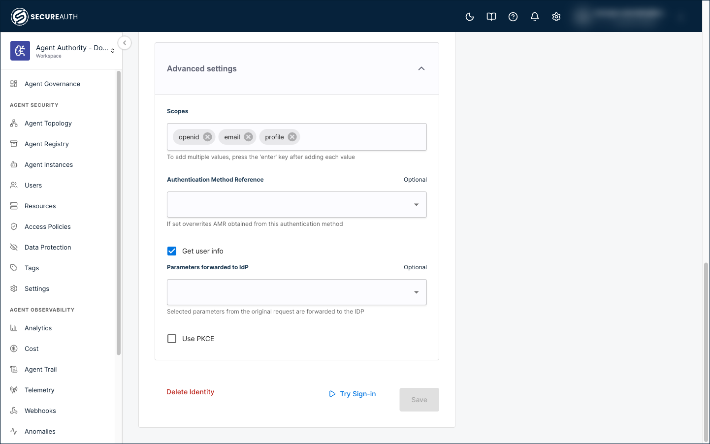 Advanced settings expanded, with the Get user info check box selected