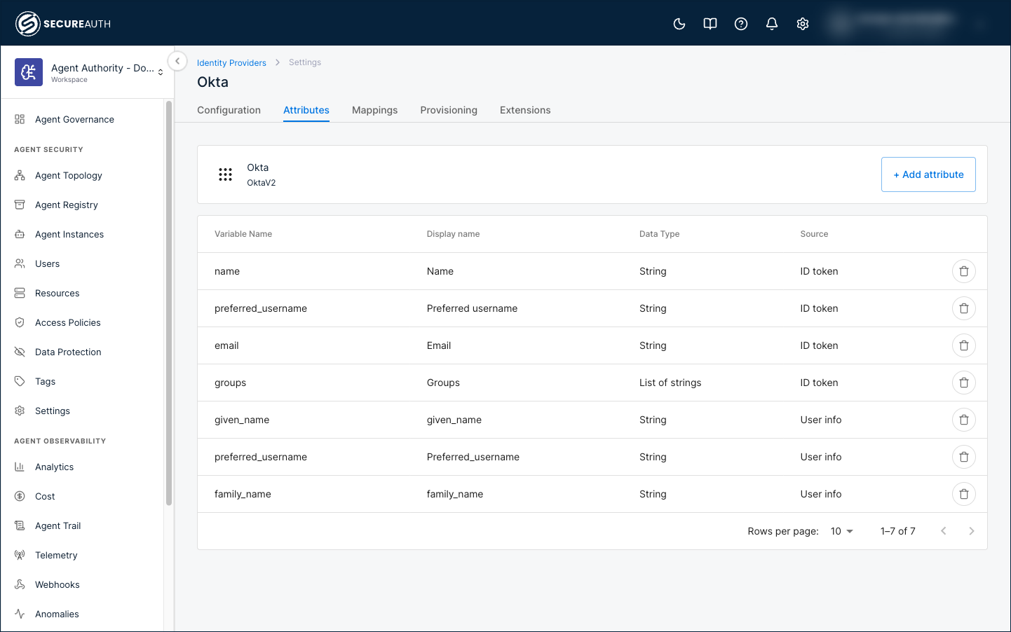 Attributes tab showing the four ID token attributes and the three added user info attributes