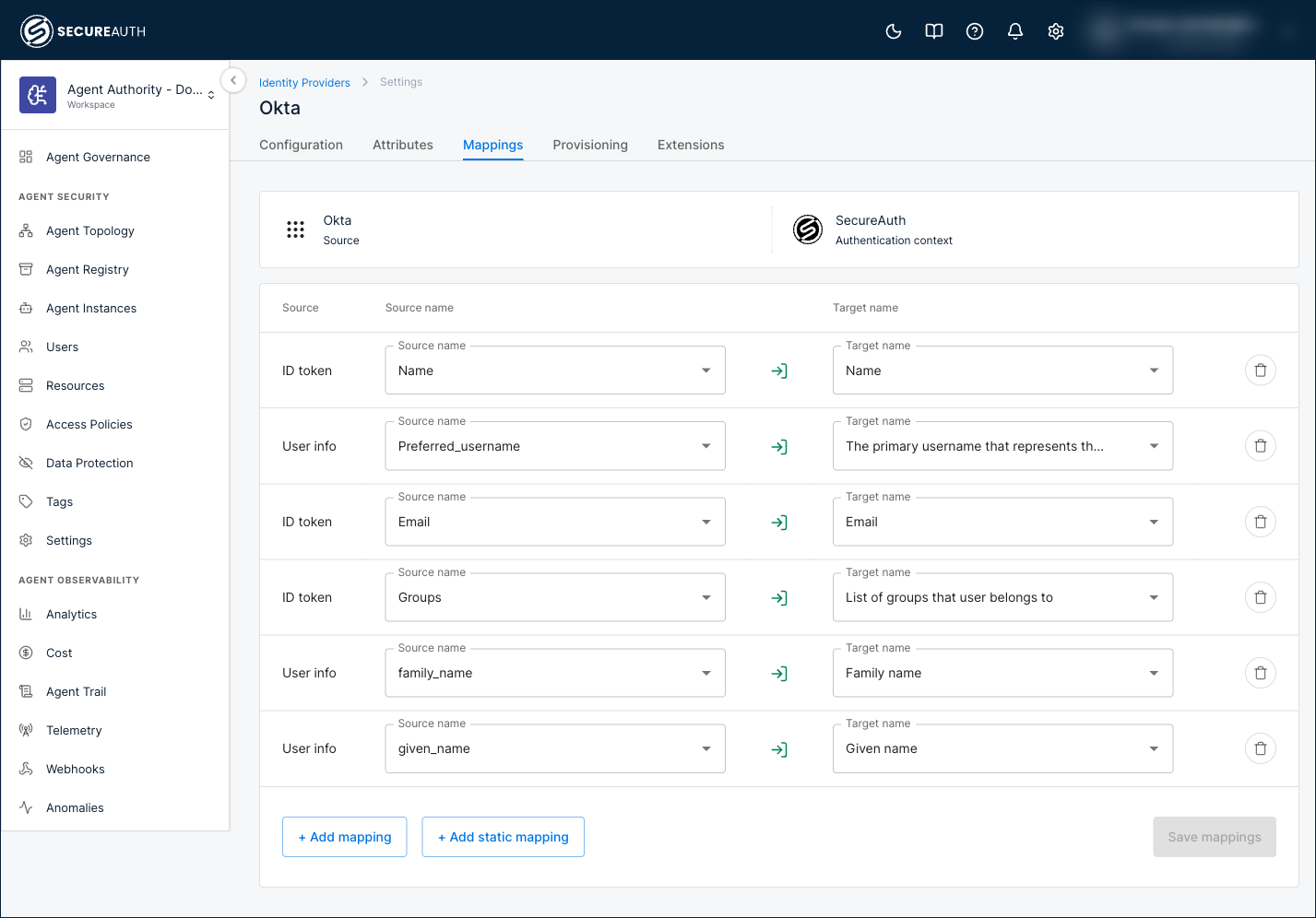 Mappings tab showing three ID token sources and three user info sources mapped to the authentication context