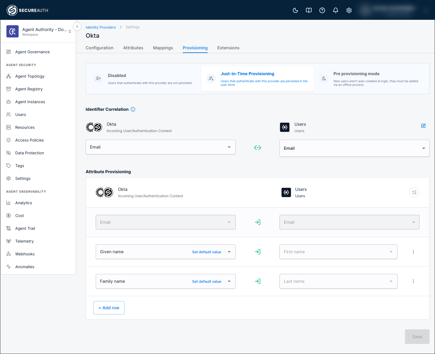Provisioning tab with Just-in-Time Provisioning selected, showing Identifier Correlation and Attribute Provisioning