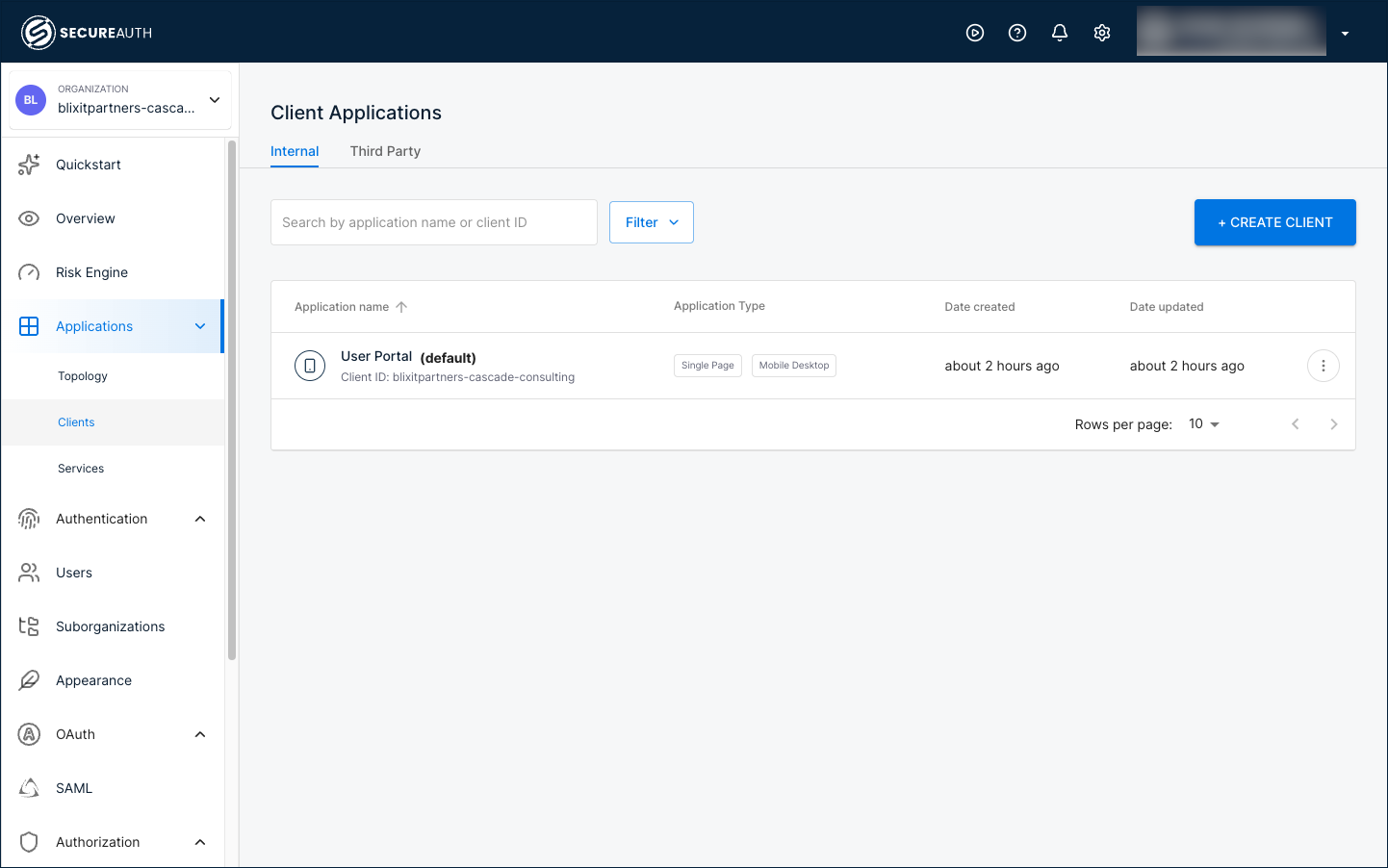 Application clients registered inside the Cascade Consulting organization