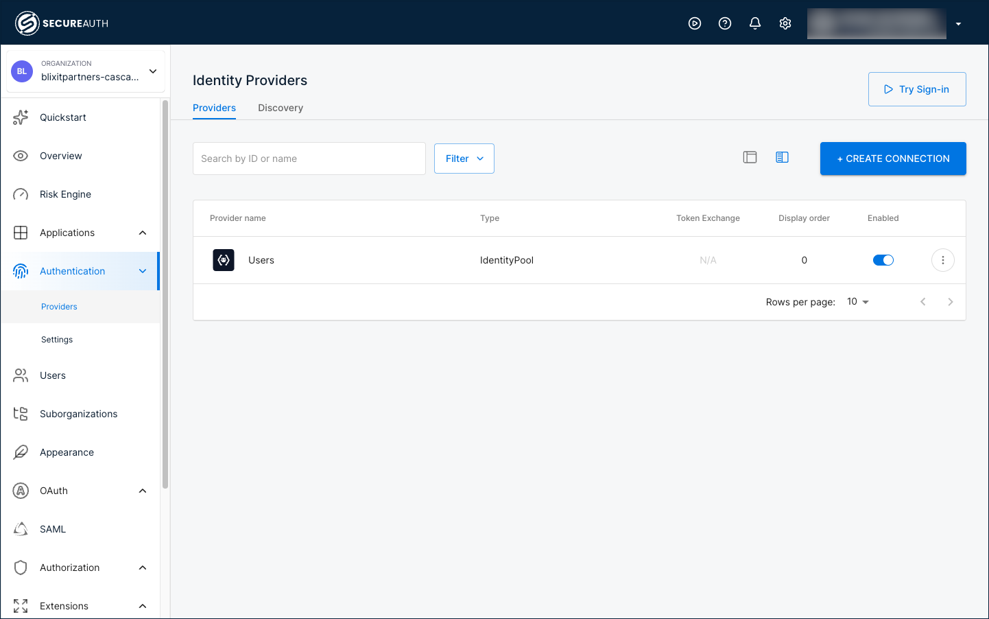Identity Providers page inside Cascade Consulting with the Providers tab and a Create Connection button