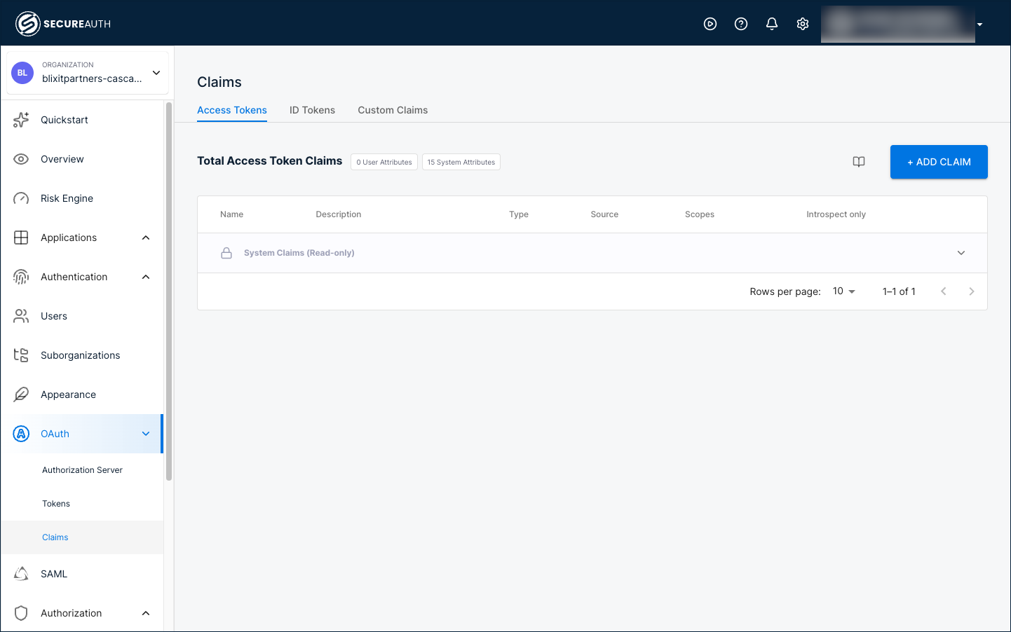OAuth Claims page inside the Cascade Consulting organization showing the Access Tokens tab