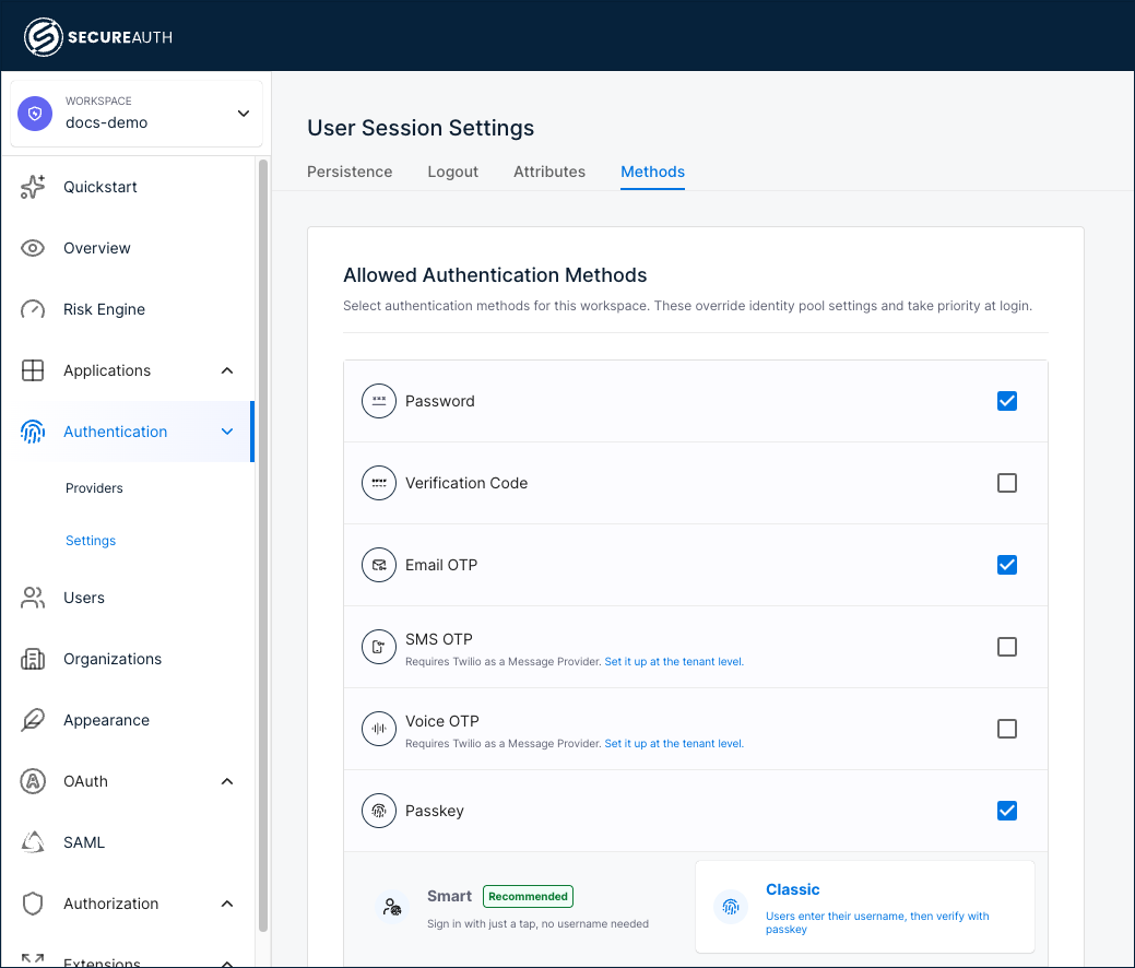 Allowed Authentication Methods page showing Passkey enabled with Smart and Classic mode options