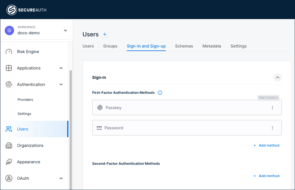 Sign-in and Sign-up settings showing Passkey as the preferred first-factor authentication method