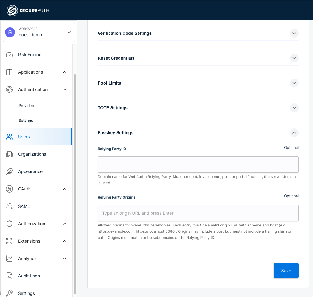 Passkey Settings section with Relying Party ID and Relying Party Origins fields
