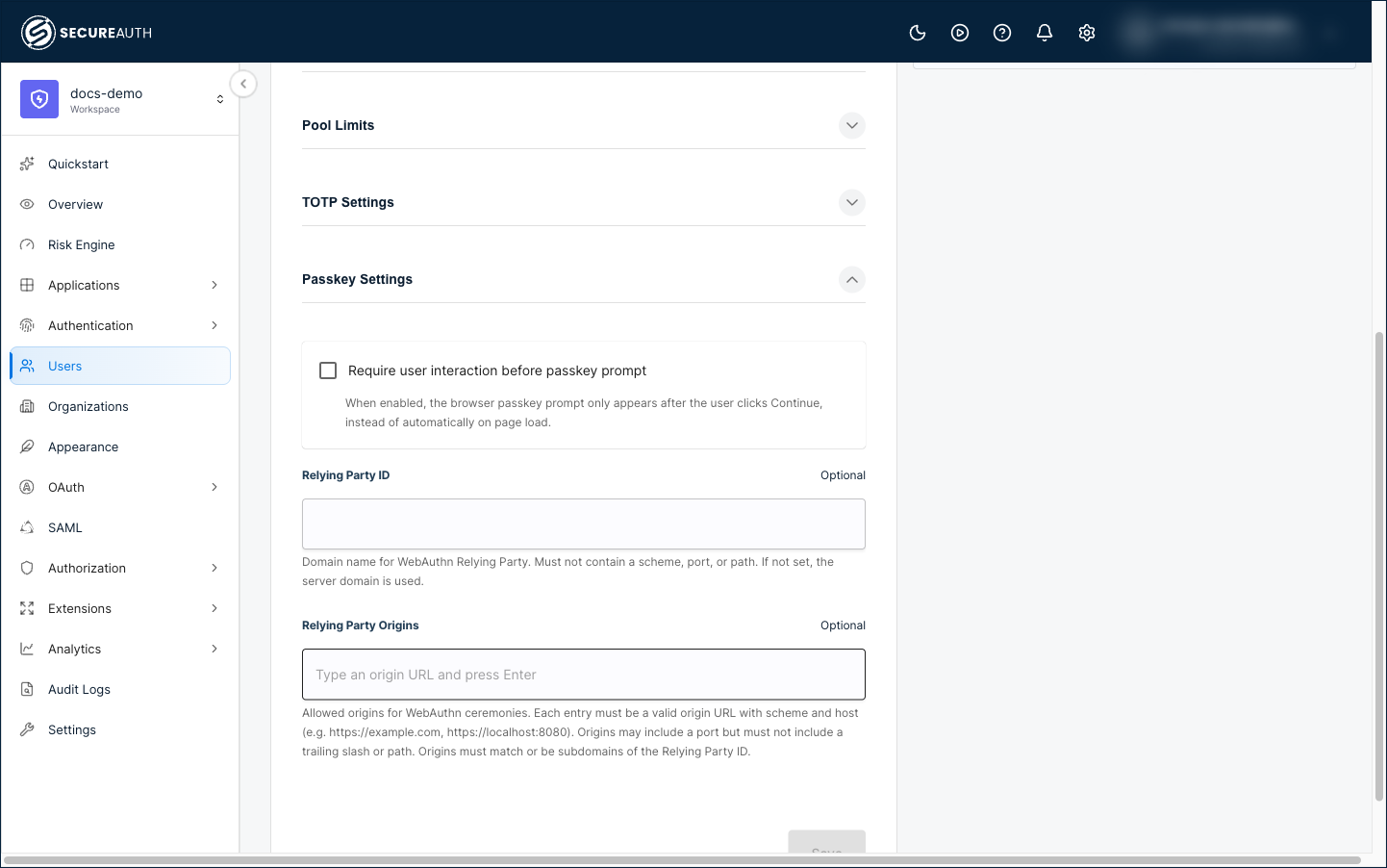 Passkey Settings section with the Require user interaction before passkey prompt option, Relying Party ID, and Relying Party Origins fields