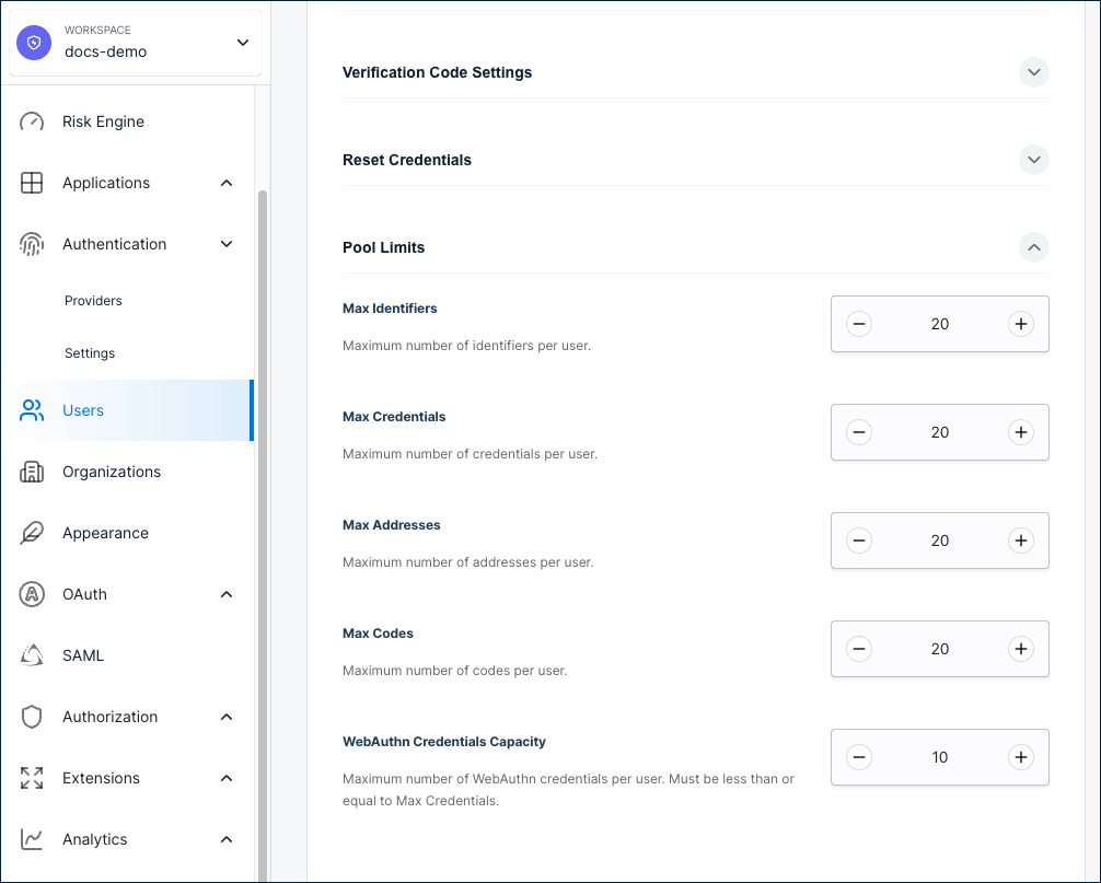 Pool Limits section showing WebAuthn Credentials Capacity set to 10