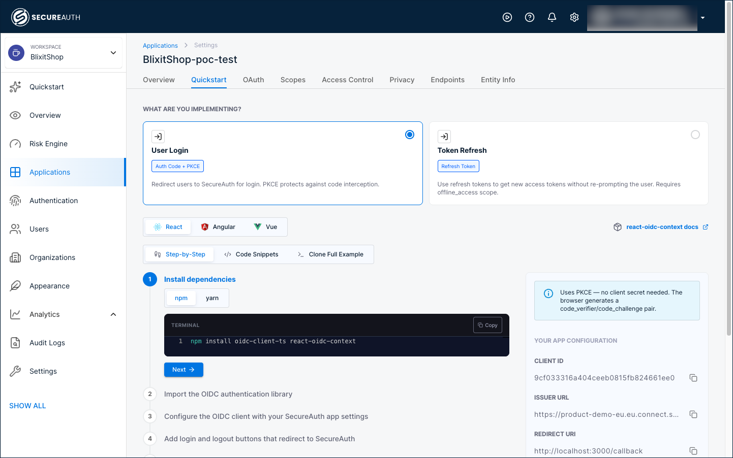 The Quickstart tab showing the scenario selector with User Login selected, React framework tab active, Step-by-Step display mode, and the application configuration panel on the right