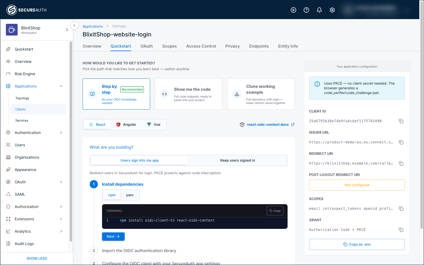 The Quickstart tab showing the "How would you like to get started?" path cards with Step by step selected, the framework selector, and the application configuration panel on the right