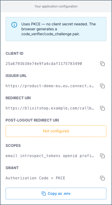 The application configuration panel showing Client ID, Issuer URL, Redirect URI, Post-Logout Redirect URI, Scopes, Grant, and a Copy as .env button