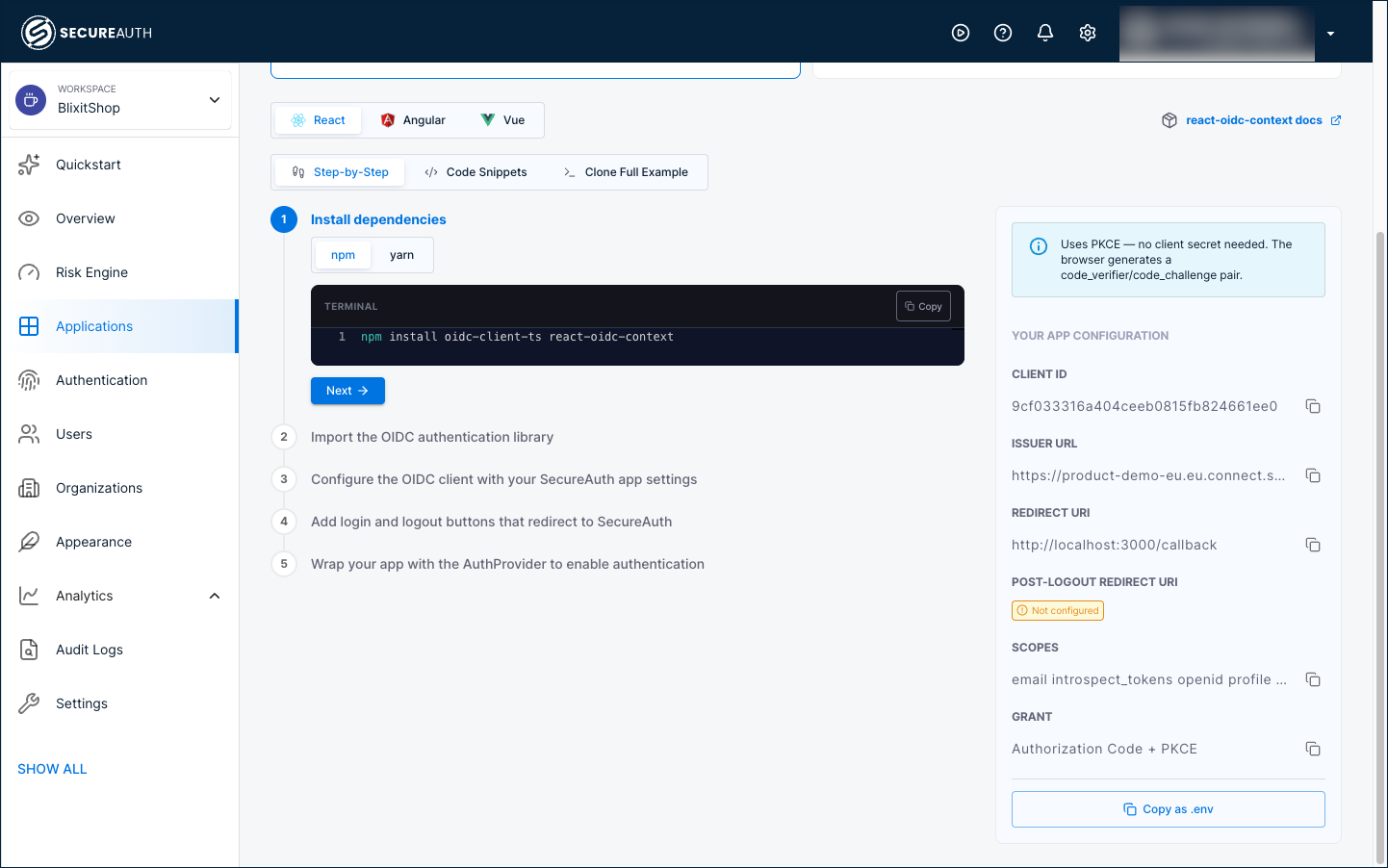 The application configuration panel showing CLIENT ID, ISSUER URL, REDIRECT URI, POST-LOGOUT REDIRECT URI, SCOPES, GRANT, and a Copy as .env button