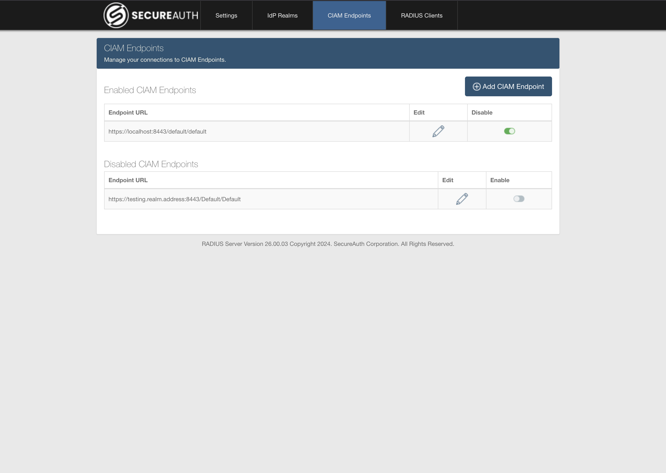 CIAM Endpoints tab with the Add CIAM Endpoint button