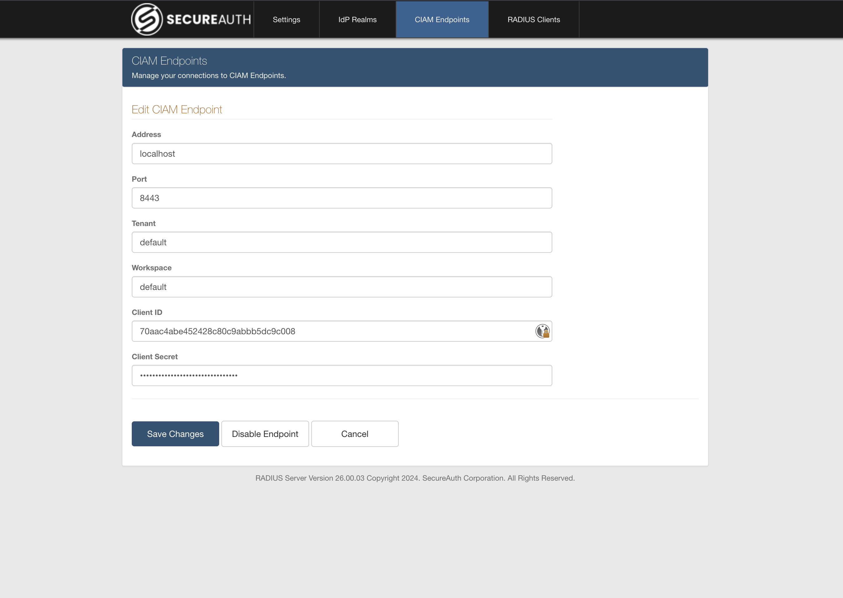 CIAM endpoint configuration form with the endpoint details