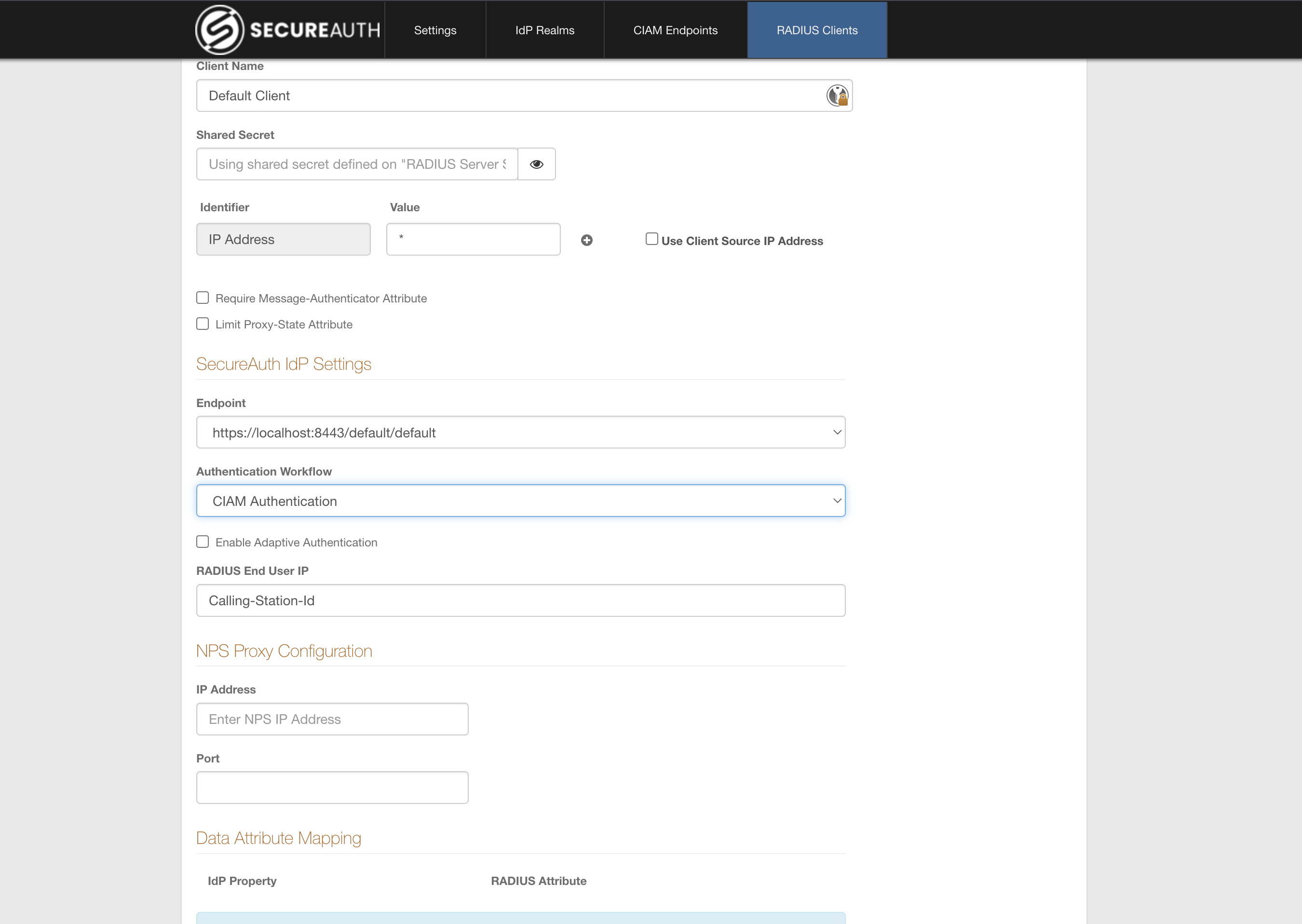 RADIUS client edit page with the endpoint and CIAM Authentication selected