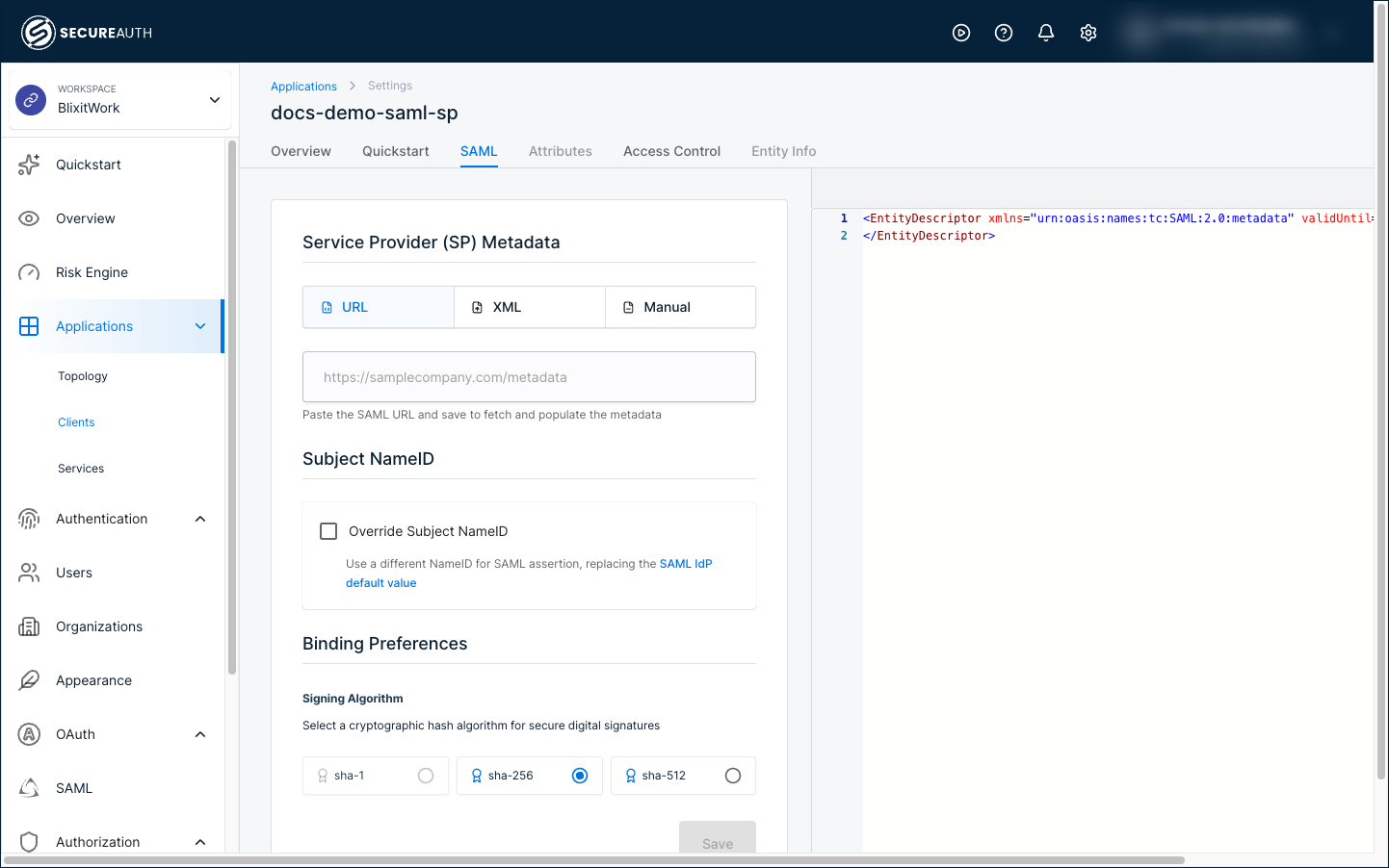 SAML tab: URL method