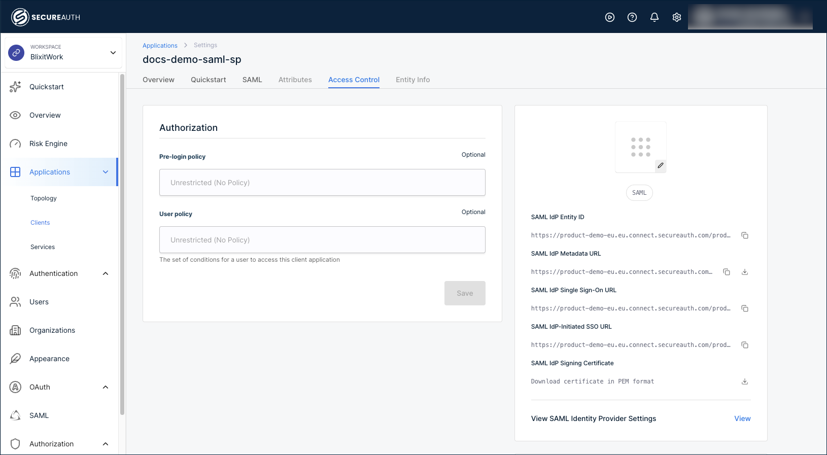 Access Control tab: pre-login and user policies