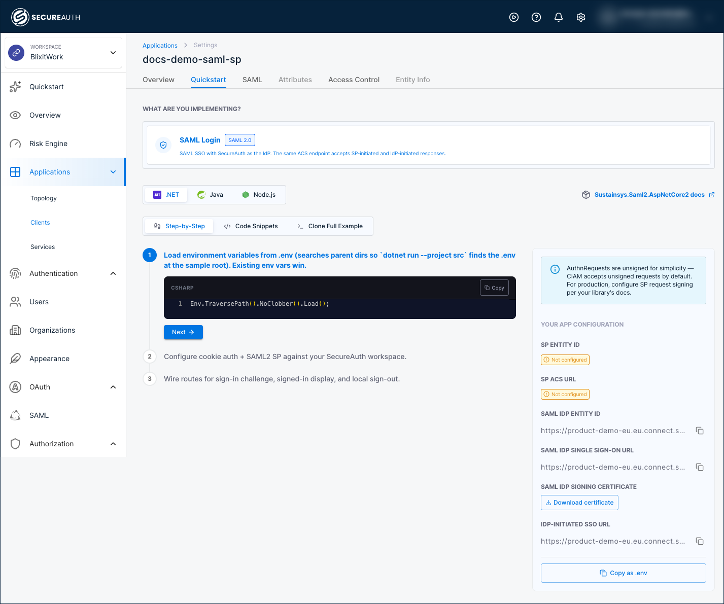 Quickstart tab on the SAML SP detail page, showing the SAML Login scenario, framework selector, and the App Configuration panel on the right with the SAML IdP and SP values