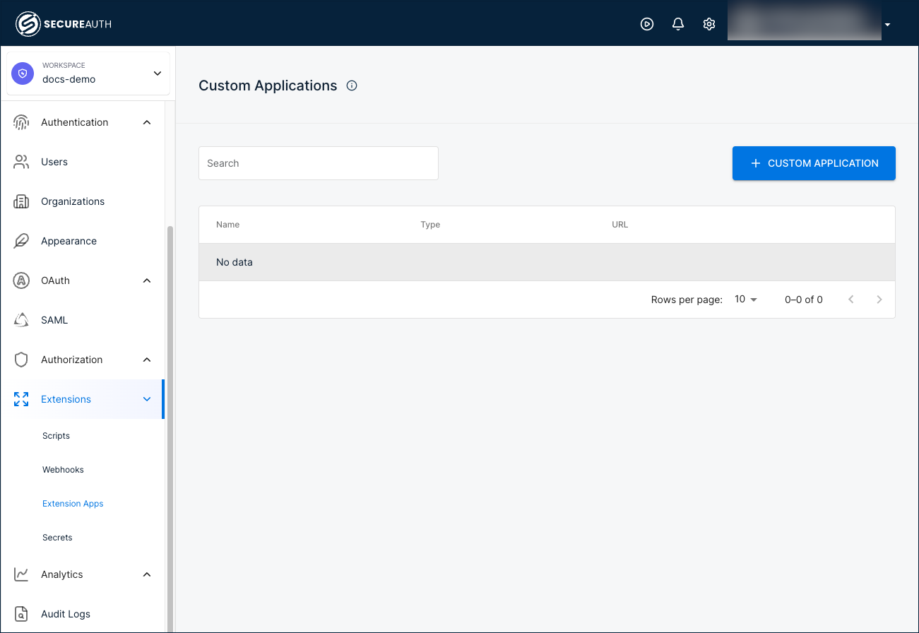Custom Applications page showing the list of SCIM integrations