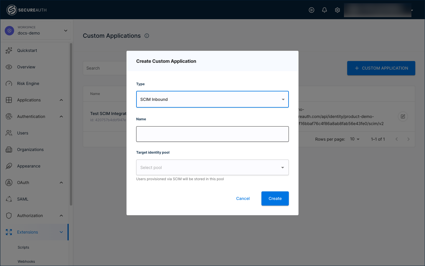 Create Custom Application dialog with SCIM Inbound selected