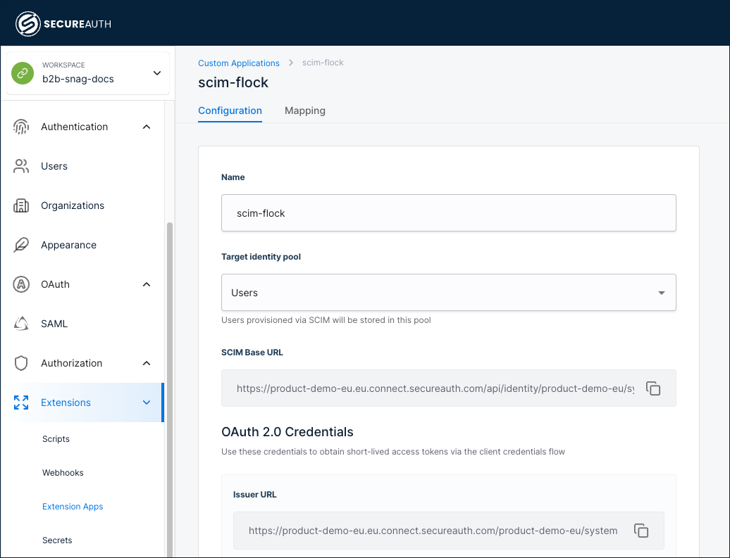 SCIM inbound application Configuration tab