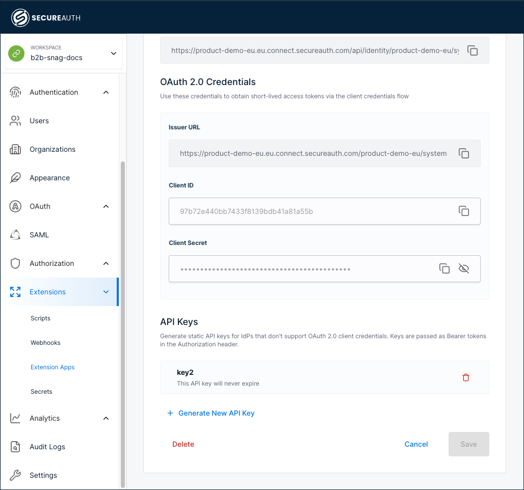 OAuth 2.0 credentials and API Keys section on the SCIM Configuration tab