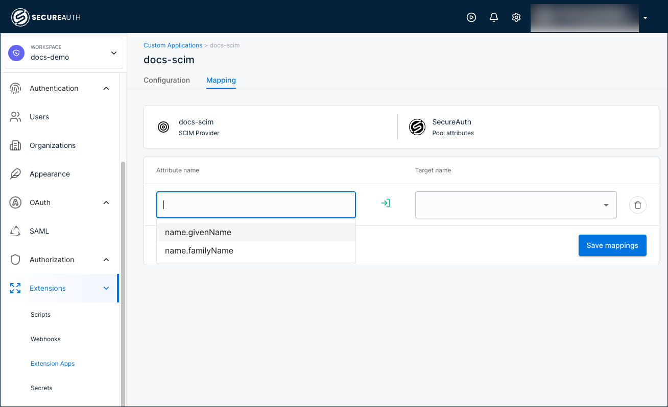 Adding an attribute mapping with SCIM attribute dropdown open
