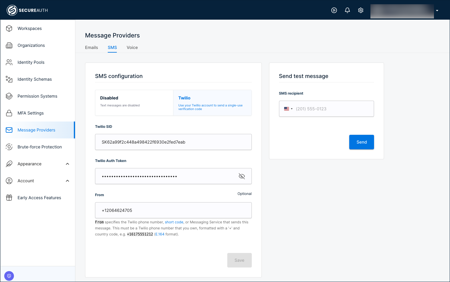 SMS provider configuration