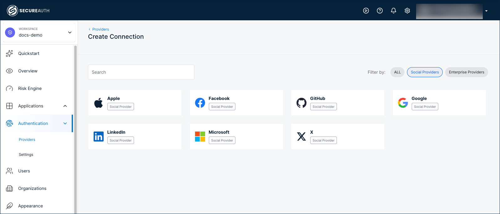 Create Connection page showing available social providers