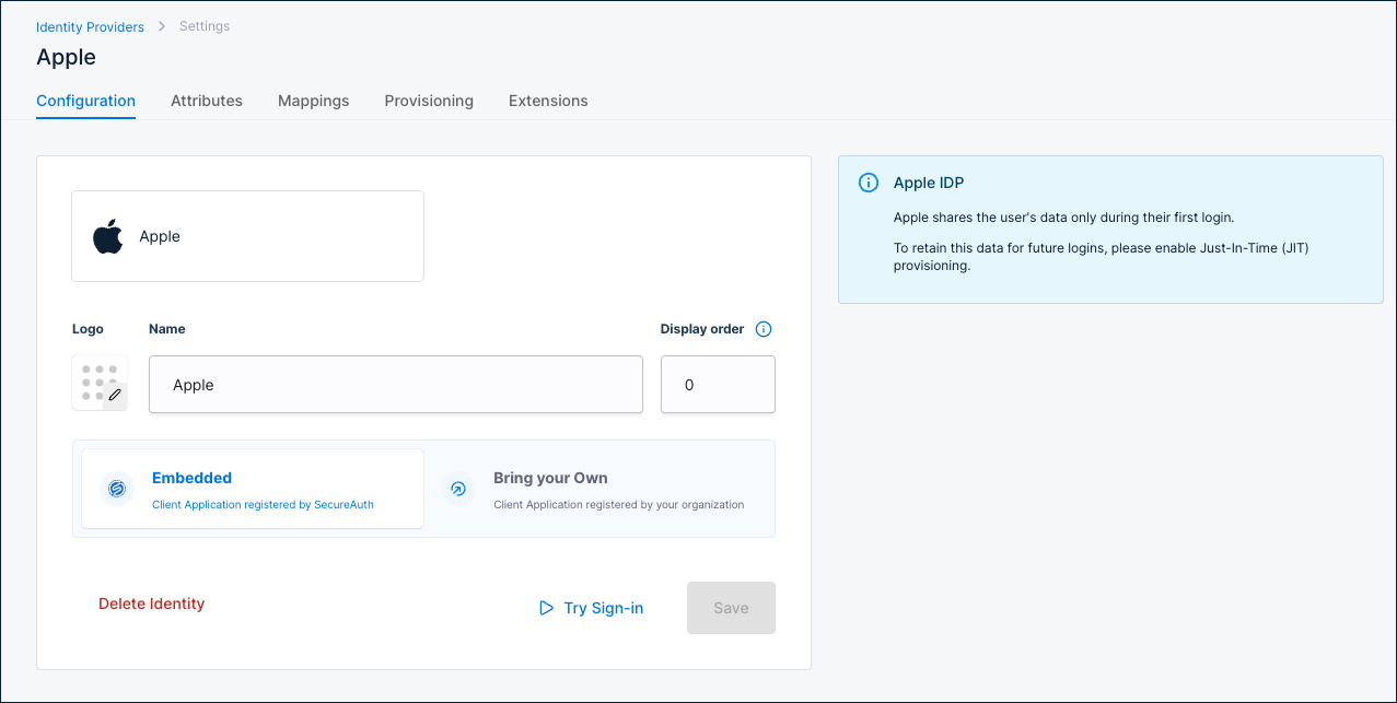 Apple Configuration tab showing Embedded mode, Display order, and JIT provisioning recommendation