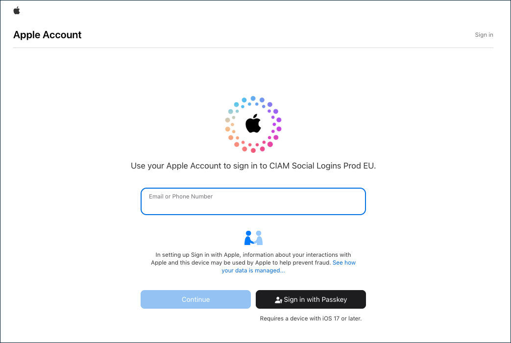 Apple Account sign-in page shown when testing with Try Sign-in