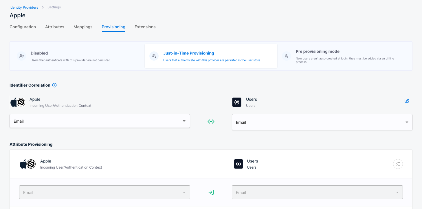 Provisioning tab with Just-in-Time Provisioning selected, showing Identifier Correlation and Attribute Provisioning