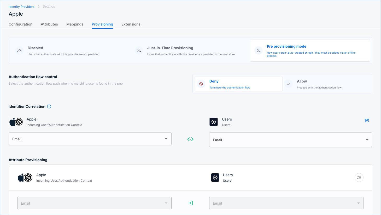 Provisioning tab with Pre provisioning mode selected, showing Authentication flow control and Attribute Provisioning